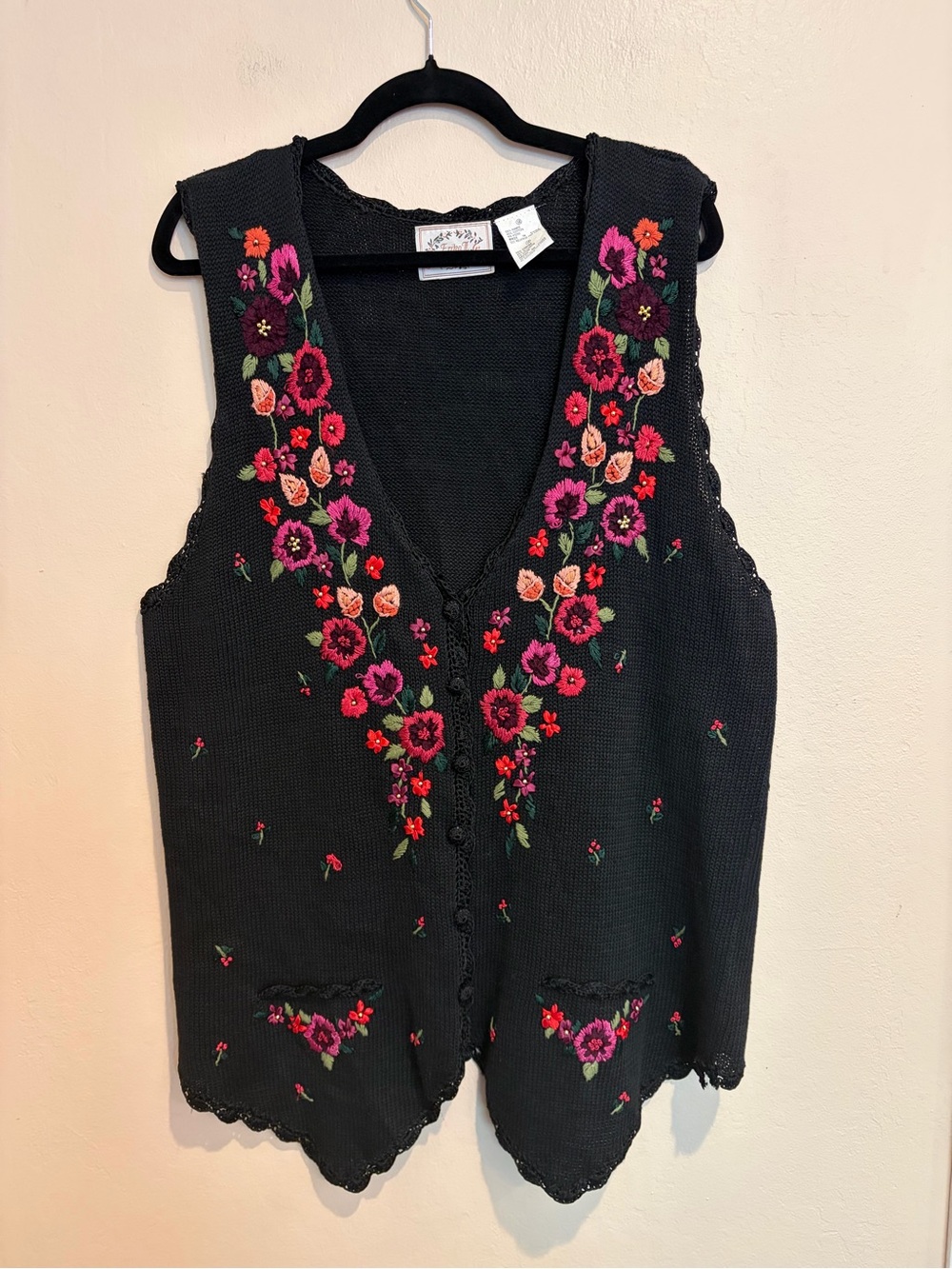 Vintage Black Crochet Long Vest, with Vibrant & Colorful Floral Embroidery, 1X